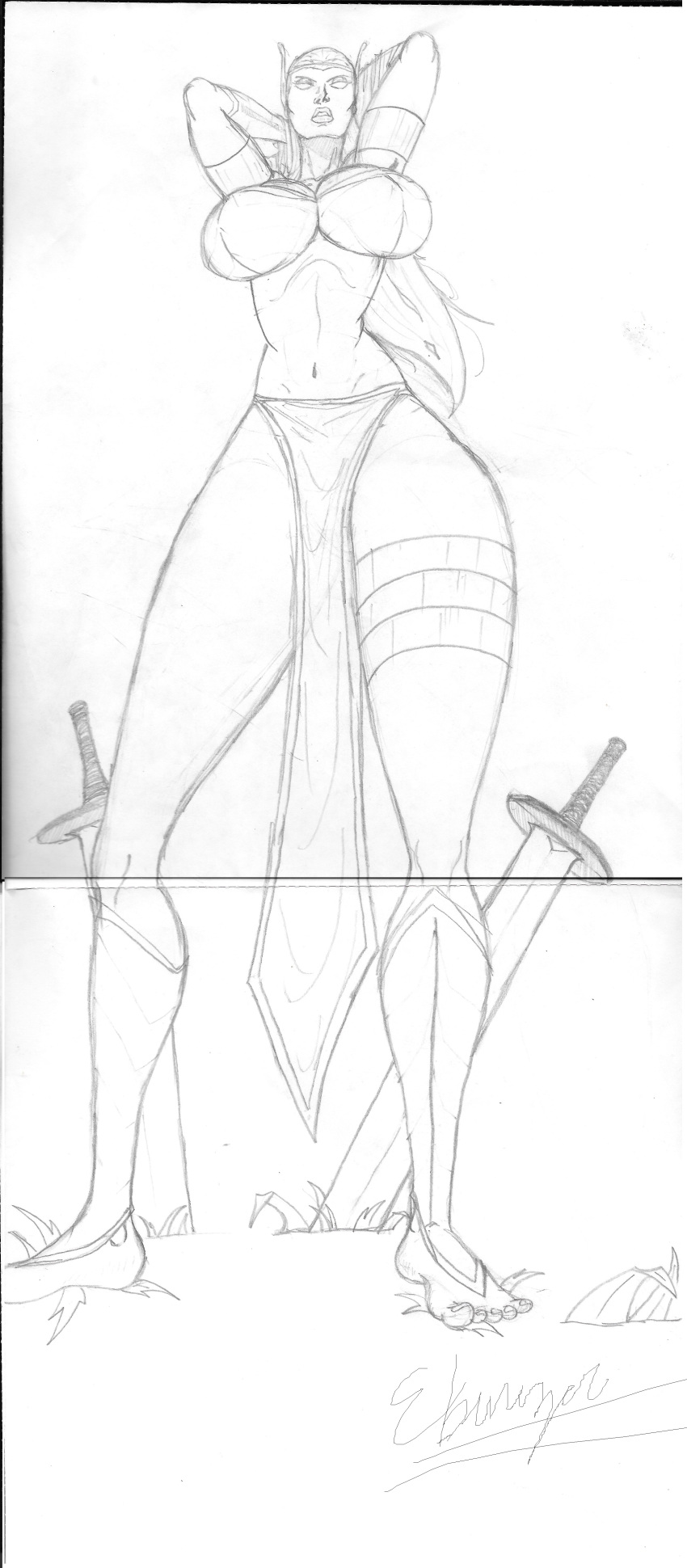 amazonian ebenezer_(artist) elf feet long_hair looking_down swords tall warrior