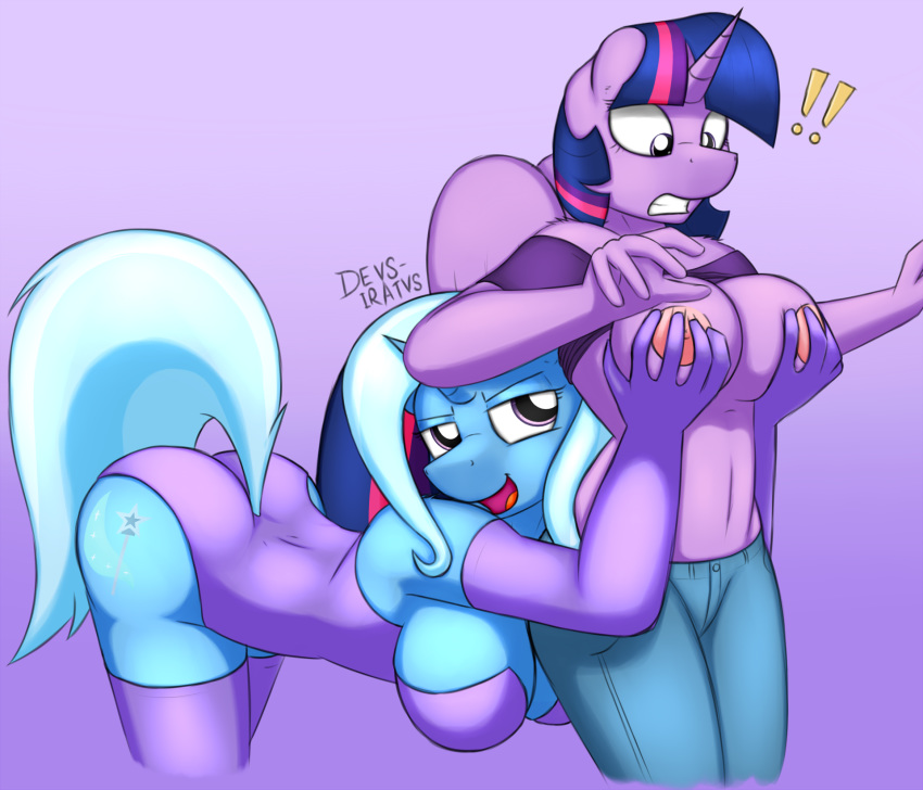 1girl 2015 anthro areola big_breasts blue_fur breast_grab breast_squeeze breasts clothed clothing cutie_mark devs-iratvs duo elbow_gloves equine female/female friendship_is_magic fur furry gloves grope hair hand_on_breast high_res horn legwear mammal my_little_pony open_mouth purple_fur stockings trixie twilight_sparkle two_tone_hair unicorn winged_unicorn wings
