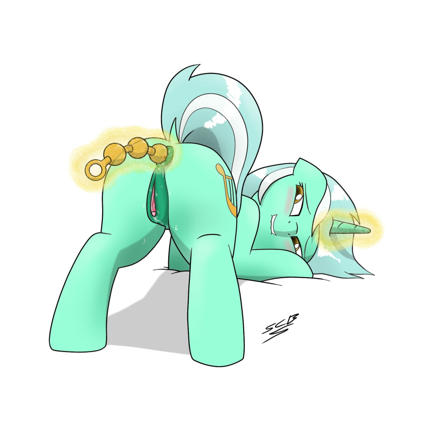 1girl anal anal_beads anal_insertion anus ass biting_lip cutie_mark female female_only female_unicorn friendship_is_magic horn lip_bite lyra_heartstrings lyra_heartstrings_(mlp) my_little_pony pony presenting_hindquarters pussy solo tail unicorn