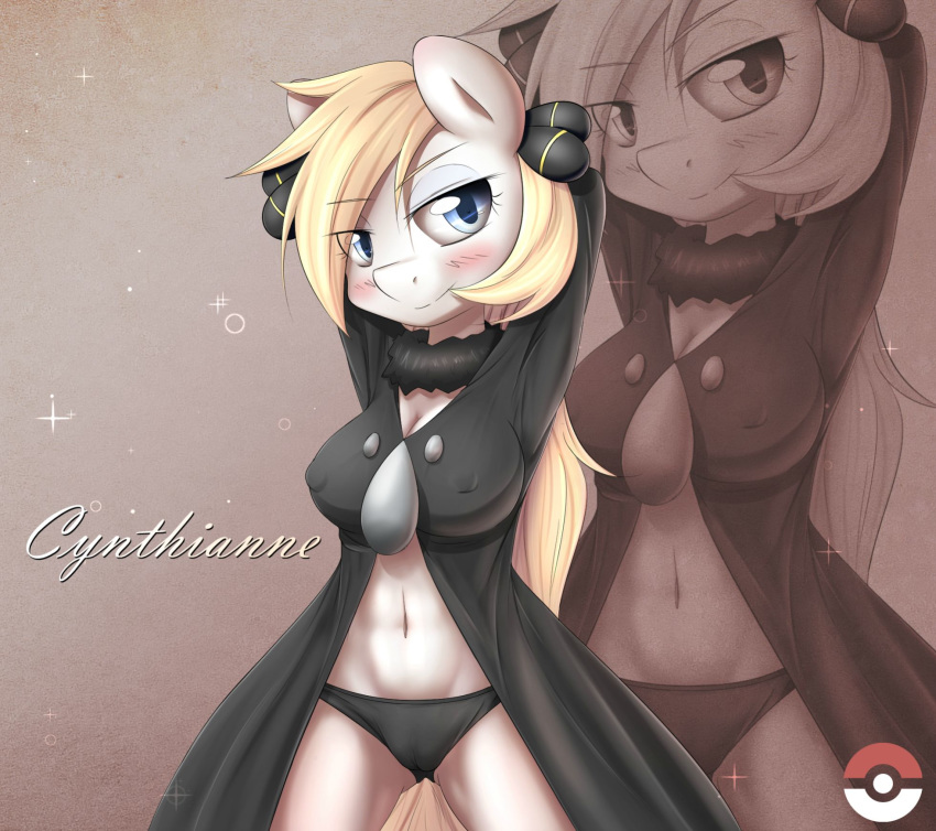 1girl anthro arms_behind_head aryanne aryanne_(character) bedroom_eyes belly blonde_hair blue_eyes blush cameltoe cleavage clothed clothing crossover cynthia equine eyebrows fan_character fur furry hair half-closed_eyes highres horse long_hair looking_at_viewer mammal my_little_pony navel nintendo panties pokemon pony smile standing text underwear video_games white_fur