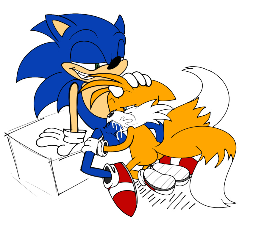 2013 4_fingers anthro ass black_nose blue_eyes blue_fur blue_penis canine clothing cum cum_in_mouth cum_inside cum_on_face cum_on_penis duo fellatio footwear fox fur furry gloves green_eyes half-closed_eyes happy hedgehog highres jerseydevil legwear looking_down male male/male mammal miles_"tails"_prower nude one_eye_closed oral orange_fur penis plain_background quills sega sex shoes sitting slut smile socks sonic_the_hedgehog teeth testicles video_games white_background white_fur whore yaoi