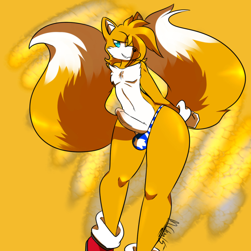 1girl anthro ass blue_eyes canine clothing erection fox girly humanoid_penis looking_at_viewer male mammal miles_"tails"_prower moneychan multiple_tails naughty_face penis poking_out seductive sega smile testicles thong wide_hips
