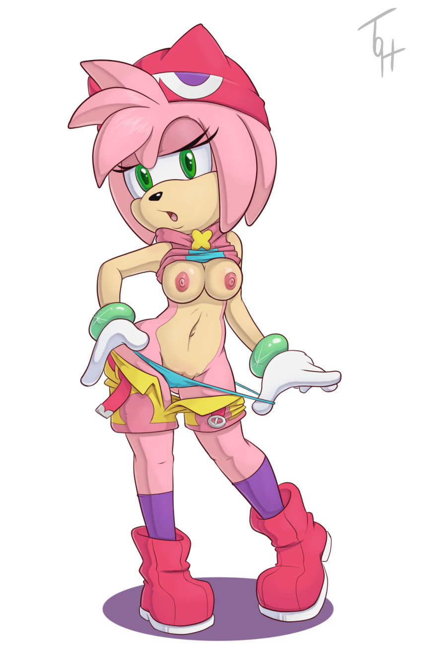 1girl 2015 amy_rose anthro areola belly big_breasts breasts erect_nipples female_only hedgehog mammal midriff navel nipples sega solo_female sonic_runners sonic_the_hedgehog_(series) the_other_half undressing