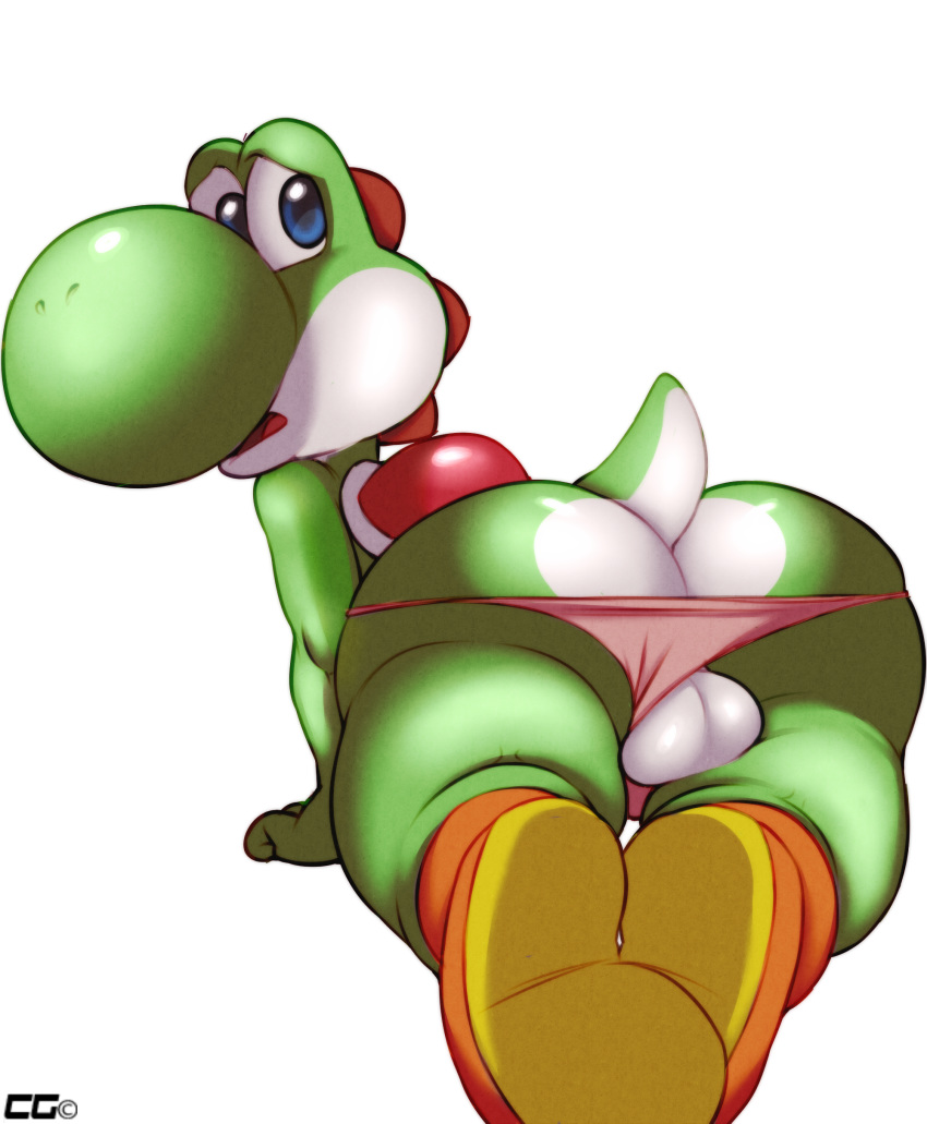 1girl all_fours anthro ass backsack big_ass clothing crazedg footwear highres looking_back male mario_bros nintendo panties panties_aside penis scalie shoes testicles thick_thighs underwear video_games yoshi
