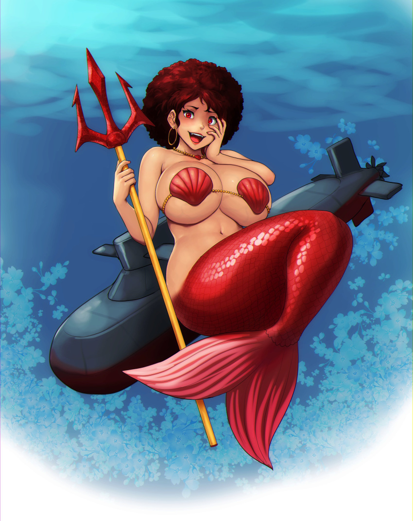 big_breasts brown_hair erkaz errorkazoo huge_breasts mermaid original red_eyes seashell_bra submarine tan_skin trident underwater