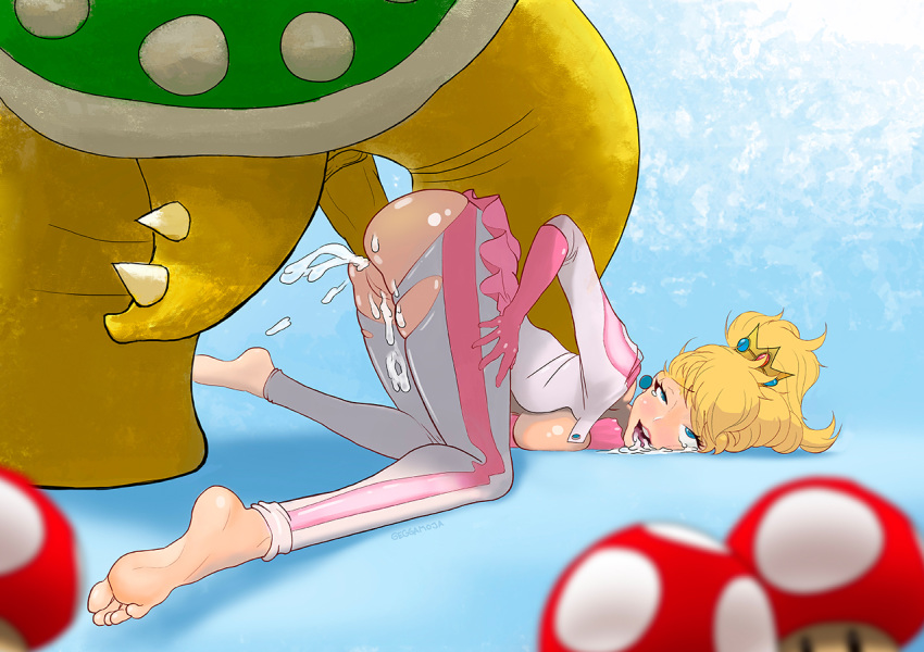1girl ahegao alternate_costume anal anal_sex anus ass ass_up barefoot blonde_hair blue_eyes bowser breast_press breasts_outside clothed_sex crown cum cum_in_ass cum_in_mouth cum_in_pussy feet fucked_silly geggamoja koopa mario_(series) mario_kart monster nintendo penis princess_peach pussy rolling_eyes sex sideboob soles super_mario_bros. tears toad_(mario) toes top-down_bottom-up torn_clothes