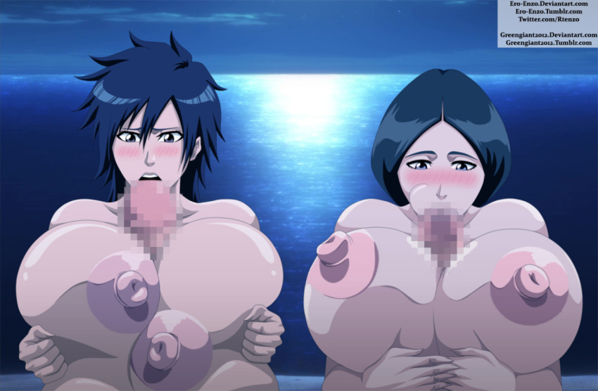 2girls areola areolae arisawa_tatsuki arms bangs bare_shoulders big_breasts black_hair bleach blush blushing breasts censored chest cleavage ecchi-enzo_(artist) elbows eyebrows fellatio females fingernails fingers forehead gigantic_breasts glans hair hands huge_breasts large_breasts mosaic_censoring multiple_girls multiple_penises nipples nude oral paizuri penis retsu_unohana rtenzo_(artist) tatsuki tatsuki_arisawa unohana unohana_retsu women