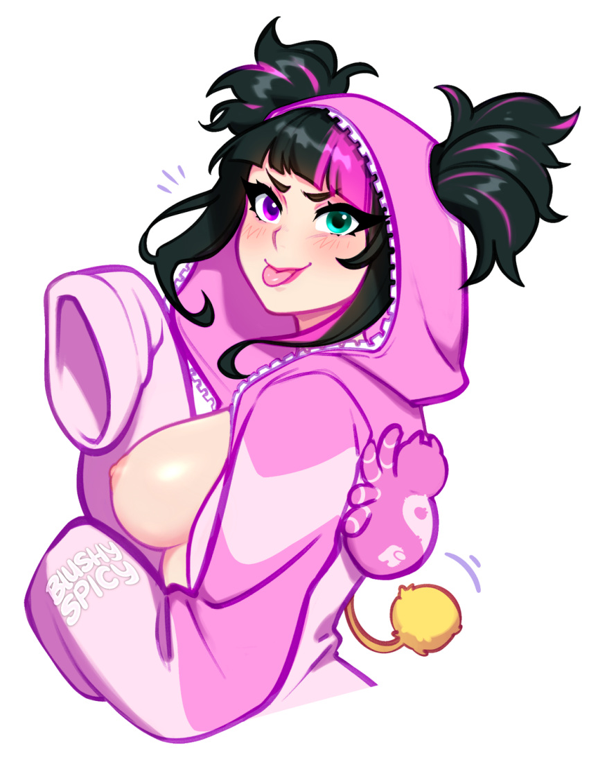 1girl alternate_costume areola artist_name big_breasts black_hair blush blushy-pixy blushypixy breasts capcom clothed clothing green_eyes heterochromia juri_han light-skinned_female light_skin looking_at_viewer multicolored_eyes multicolored_hair naughty_face nipples onesie open_clothes presenting presenting_breasts purple_eyes purple_hair sexy sexy_body sexy_breasts short_hair sideboob simple_background sleepwear smile street_fighter street_fighter_6 street_fighter_vi tongue tongue_out two_tone_hair upper_body white_background