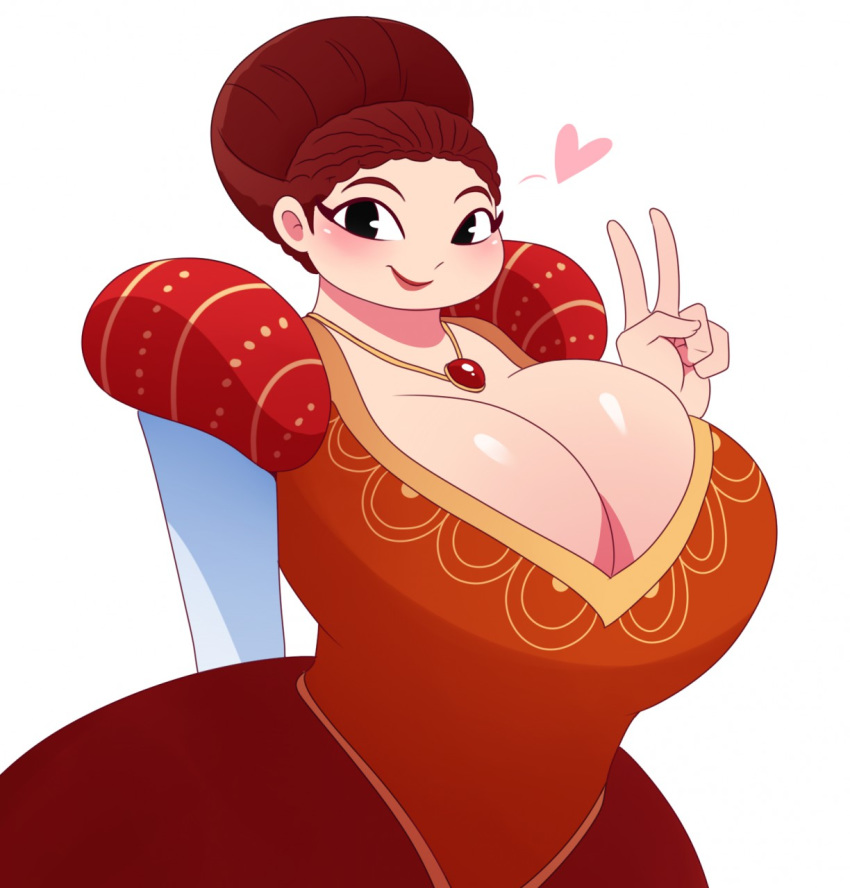 1girl bbw big_breasts black_eyes breasts brown_hair chubby_damsel cleavage dress fol'amor hair heart looking_at_viewer necklace princess shiny shiny_skin smile sssonic2 wide_hips