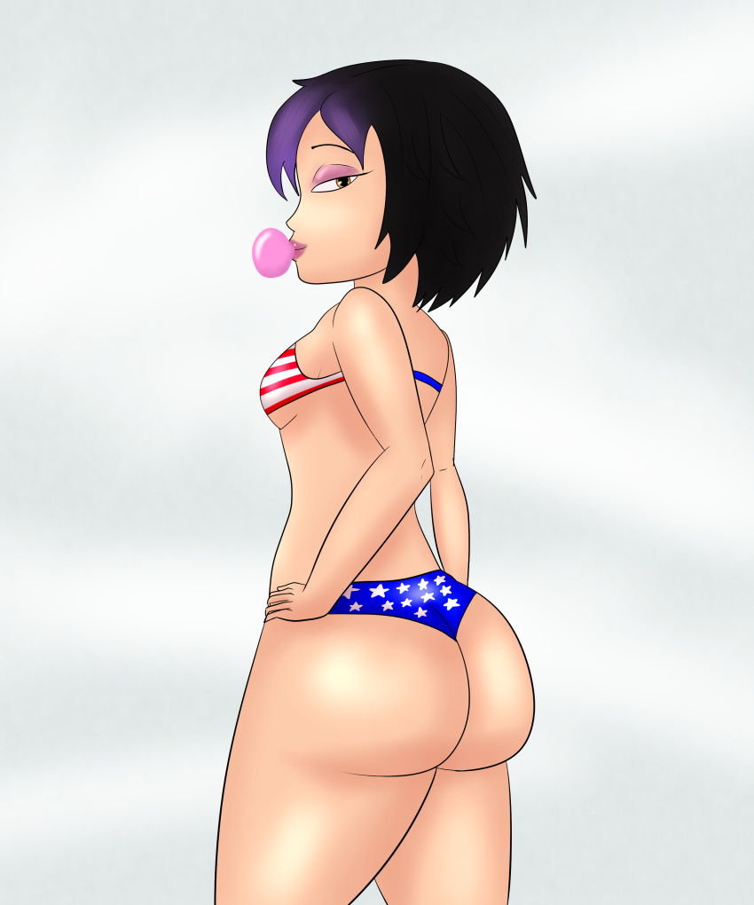 1girl 4th_of_july american_flag_bikini ass disney looking_back marvel multicolored_hair short_hair