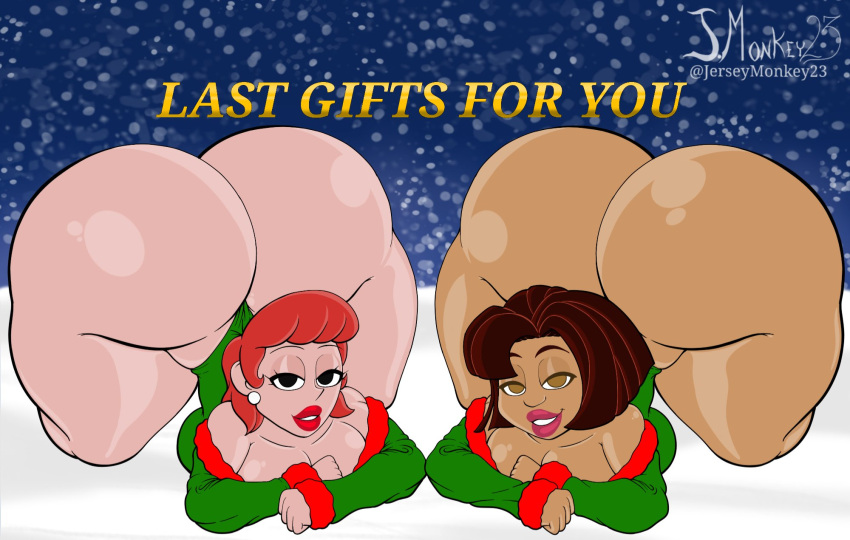 2girls ass ass_focus bent_over big_ass big_breasts big_lips breasts brown_body brown_eyes bubble_butt cartoon_network christmas cleavage crossover dat_ass dexter's_laboratory dexter's_mom disney disney_channel dumptruck_ass earrings face_down_ass_up female female_only ginger_hair holidays huge_ass j.monkey23 lips lipstick matching_outfit mature_female milf red_lipstick short_hair snow text the_proud_family thick_thighs trudy_proud