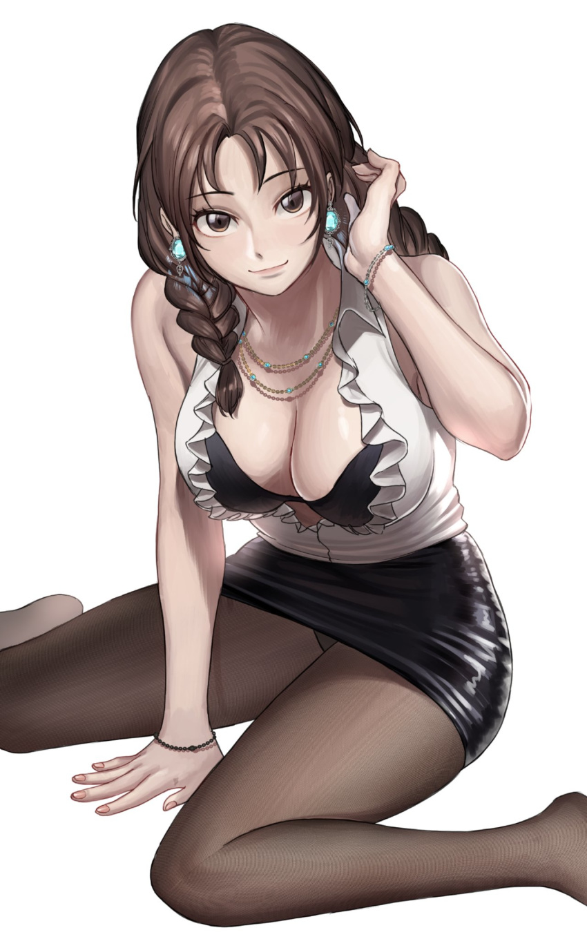 1girl alluring big_breasts black_bra black_skirt bra bracelet braid breasts brown_eyes brown_hair brown_legwear cleavage commentary earrings english_commentary fingernails frilled_shirt_collar frills hair_over_shoulder hanny_(uirusu_chan) high_res jewelry julia_chang leather_skirt looking_at_viewer medium_hair nail_polish namco necklace no_shoes office_lady panties panties_under_pantyhose pantyhose pantyshot pencil_skirt shirt skirt sleeveless sleeveless_shirt tekken tekken_3 tekken_4 tekken_5_dark_resurrection tekken_tag_tournament tekken_tag_tournament_2 twin_braids underwear white_background white_shirt