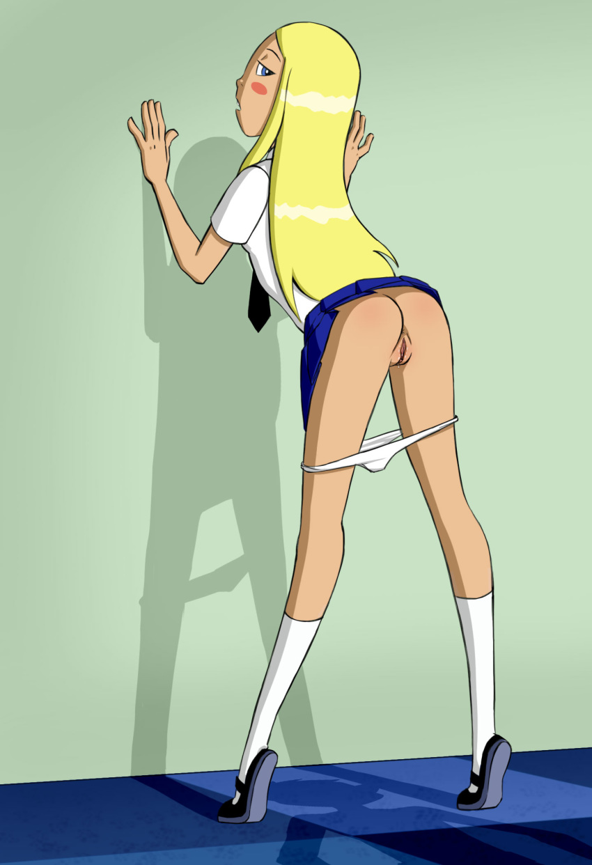 1girl area_(artist) ass blonde_hair blue_eyes blue_skirt clothed dc_comics dcau female female_only looking_back panties panties_down pussy shirt skirt skirt_lift socks solo standing standing_on_toes tagme teen_titans terra white_panties white_socks