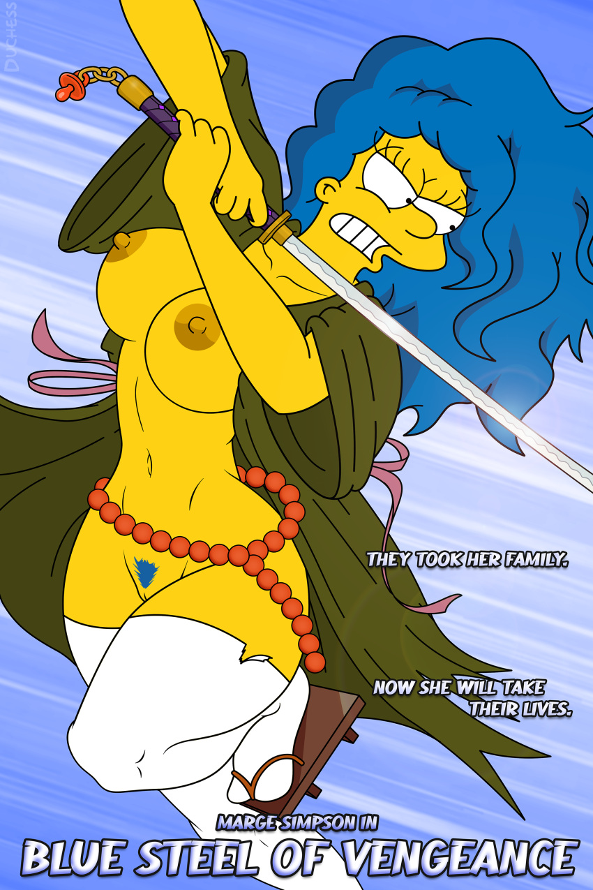 ass blue_hair blue_pubic_hair breasts erect_nipples marge_simpson pussy stockings sword the_simpsons thighs yellow_skin