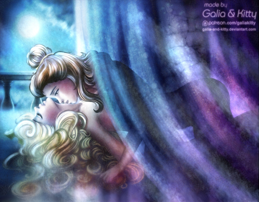 beauty_and_the_beast bed_sheet bedroom black_eyes blonde_hair brown_hair crown disney eyes female/female female_only kissing lesbian_sex moon moonlight princess_aurora princess_belle sexy sexy_ass sexy_body sexy_breasts sleeping_beauty take_your_pick w yuri