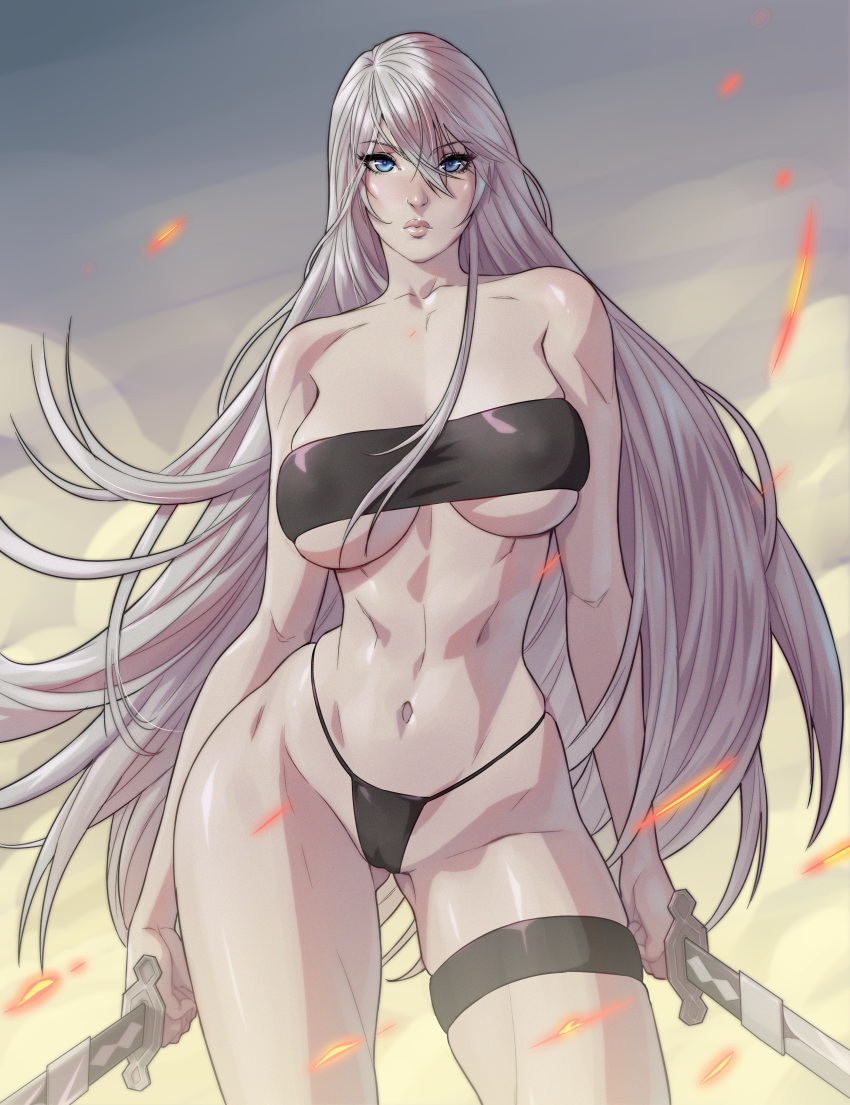 1girl alluring arttoru athletic_female bare_legs big_breasts bikini curvaceous female_abs female_only fit_female hourglass_figure nier:_automata thick_thighs white_hair yorha yorha_a2 yorha_type_a_no._2