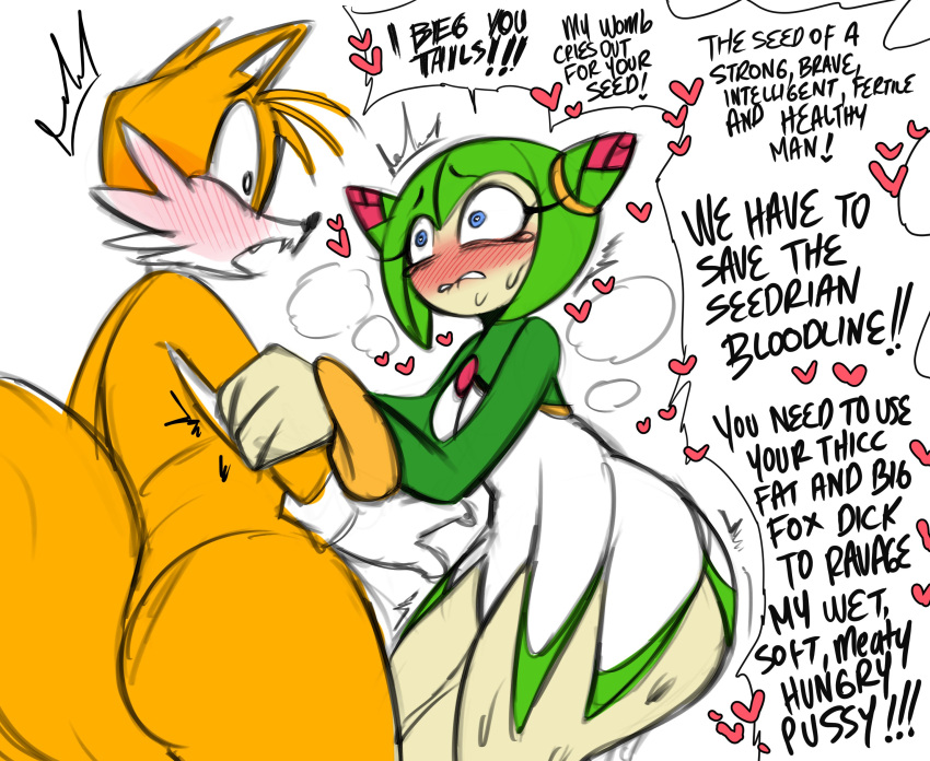 1boy 1girl alien alien_girl alien_humanoid anthro aroused blue_eyes blush canon_couple cosmo_the_seedrian dialogue english_text female fox funny furry heart heart-shaped_pupils heavy_blush humanoid imminent_sex impregnation_request interspecies male male/female miles_"tails"_prower no_panties no_underwear plant plant_girl plant_humanoid saltyxodium seedrian sega sonic_(series) sonic_the_hedgehog_(series) sonic_x speech_bubble straight thick_thighs very_high_resolution voluptuous white_background wide_hips