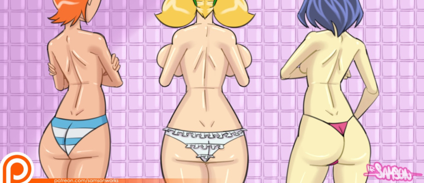 3_girls ass_focus ben_10 ben_10:_omniverse big_breasts blonde_hair breasts crossover female_only frilly_panties gwen_tennyson inspector_gadget jackie_chan_adventures jade_chan lineup long_hair mrsamson00_(artist) orange_hair penny_gadget pink_panties rear_view shiny shiny_skin short_hair striped striped_panties topless twin_tails white_panties young younger younger_female