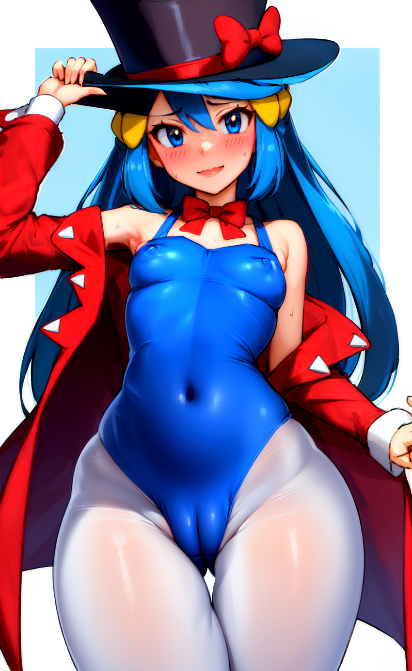 1girl 1girl ai_generated aioddity blue_eyes blue_hair blush bowtie bowtie_collar breasts bunnysuit cameltoe covered_navel covered_nipples cowboy_shot creatures_(company) dawn dawn_(pokemon) female_focus game_freak hat jacket long_hair looking_at_viewer magician nintendo nipples_visible_through_clothing open_jacket pantyhose partially_visible_vulva pokemon_(anime) skin_tight small_breasts top_hat