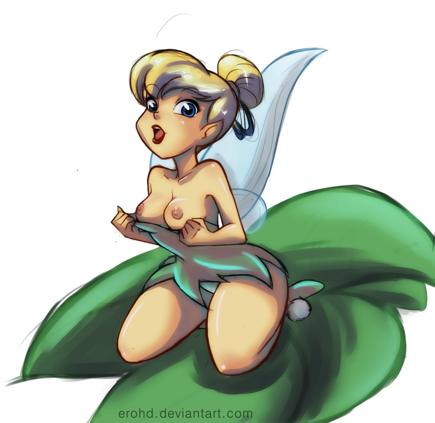 blonde_hair blue_eyes breasts breasts_out disney disney_fairies dress hair hair_bun lipstick nipples open_mouth panties peter_pan pointy_ears red_lipstick tinker_bell top_down transparent_background upskirt wings