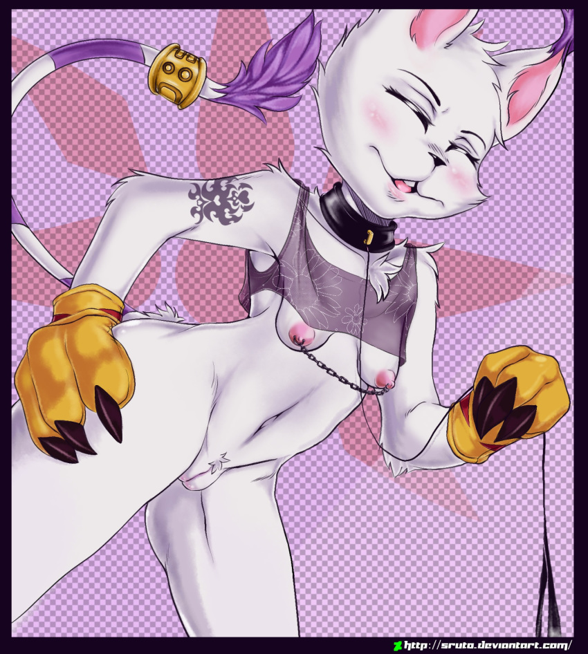 1girl 1girl 2016 anthro armpits ass blush breasts cat clothed clothing digimon digital_media_(artwork) feline fur furry gatomon gloves jewelry mammal necklace nipple_chain nipples open_mouth pussy ring simple_background small_breasts smile sruto tattoo tongue top translucent