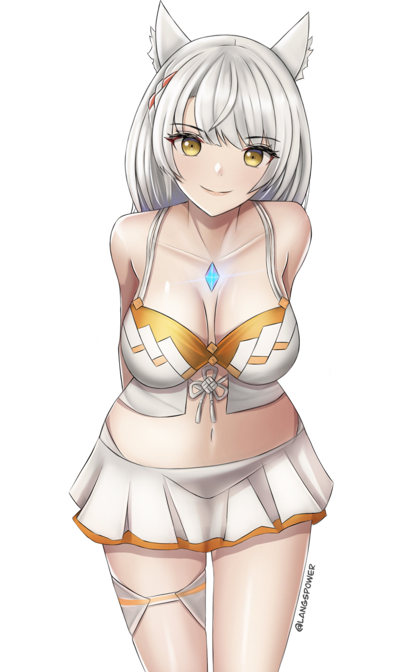 1girl absurd_res alluring arms_behind_back bare_arms bare_legs bare_shoulders bare_thighs bikini braid breasts cat_ears cat_girl cleavage core_crystal female_only grin high_res hourglass_figure langspower medium_breasts midriff mio_(xenoblade) navel nintendo orange_bikini orange_swimsuit short_hair side_braid silver_hair simple_background smile solo_female swimsuit thick_thighs thigh_strap thighs white_background white_bikini white_swimsuit xenoblade_(series) xenoblade_chronicles_3 yellow_eyes