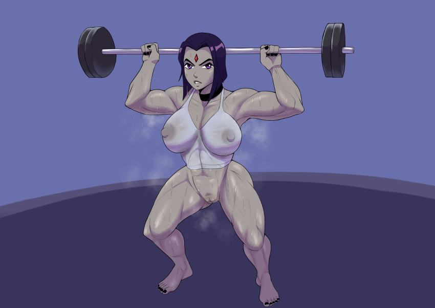 1girl 1girl 1girl abs areola big_breasts big_breasts breasts dc_comics female_only kokobiel muscle muscular muscular_female musk nipples pussy raven_(dc) smell teen_titans weightlifting weights