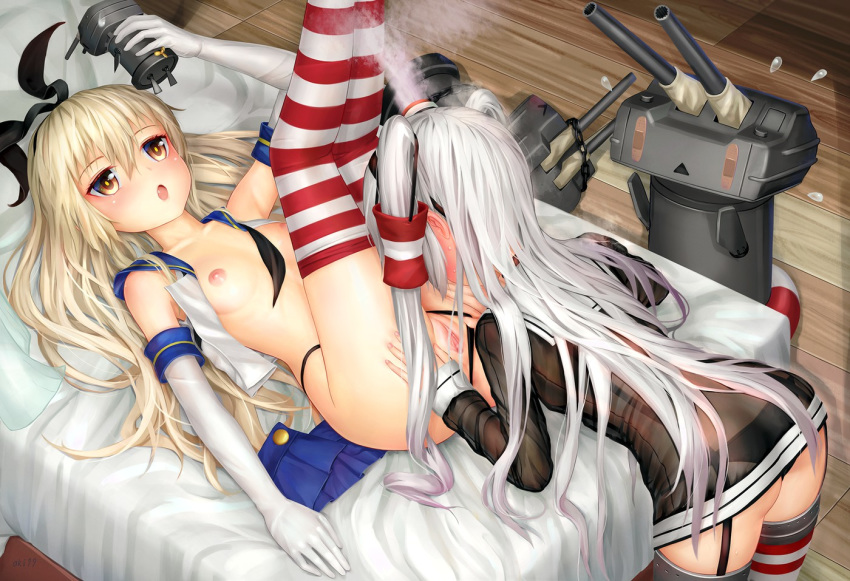 2girls aki99 amatsukaze_(kantai_collection) ass black_panties blonde blush breasts elbow_gloves gloves grey_hair hair high_resolution kantai_collection legs_up multiple_girls nipples open_clothes open_shirt panties pussy red_legwear rensouhou-chan see-through shimakaze_(kantai_collection) small_breasts steam stockings striped striped_legwear striped_thighhighs thong transparent twin_tails uncensored underwear white_legwear yellow_eyes yuri