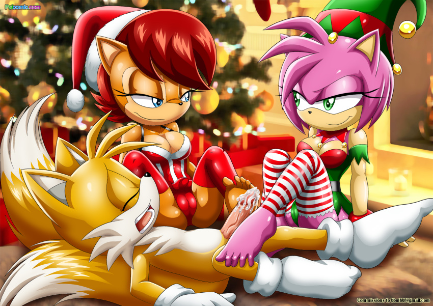 1boy 2girls amy_rose animal_ears archie_comics bbmbbf blue_eyes breasts brown_hair cameltoe christmas footjob furry green_eyes hair hat headgear looking_at_another male miles_"tails"_prower mobius_unleashed multiple_girls palcomix penis pink_hair sally_acorn sega short_hair smile sonic_(series) sonic_the_hedgehog_(series) tail