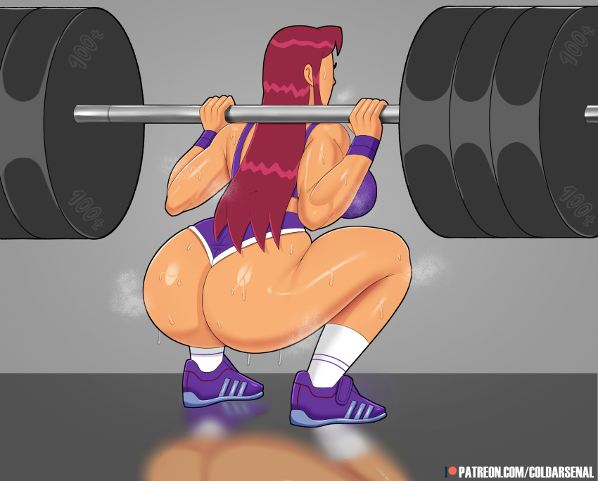 1girl 1girl 1girl ass big_ass coldarsenal dat_ass dc_comics facing_away female_focus female_only huge_ass koriand'r orange_skin red_hair short_shorts simple_background solo_female solo_focus squatting starfire teen_titans thick_thighs wide_hips workout
