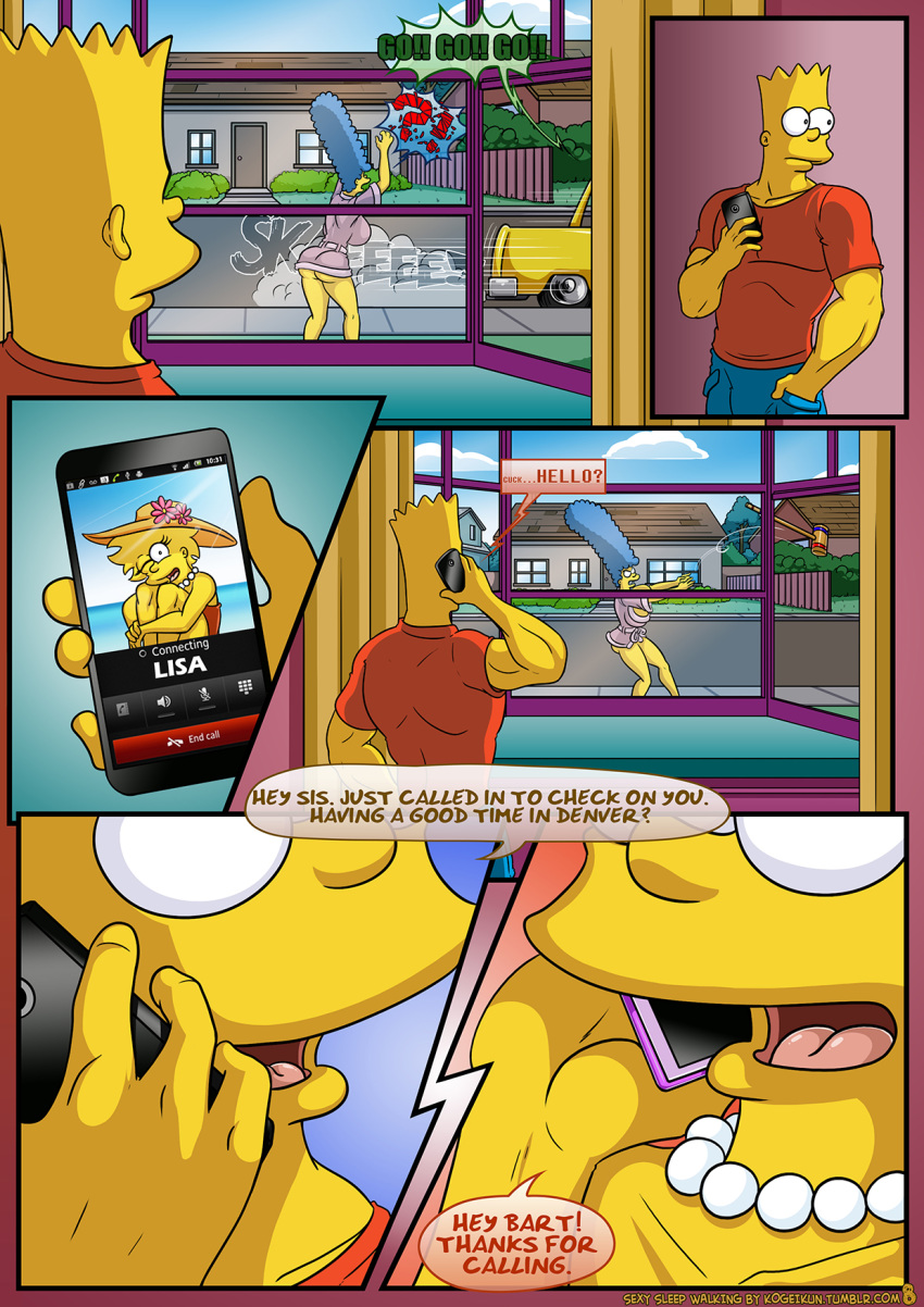 angry bart_simpson big_ass big_breasts blue_hair breasts cellphone comic hair hammer kogeikun lisa_simpson marge_simpson pearl_necklace pearls sexy_sleep_walking the_simpsons yellow_skin