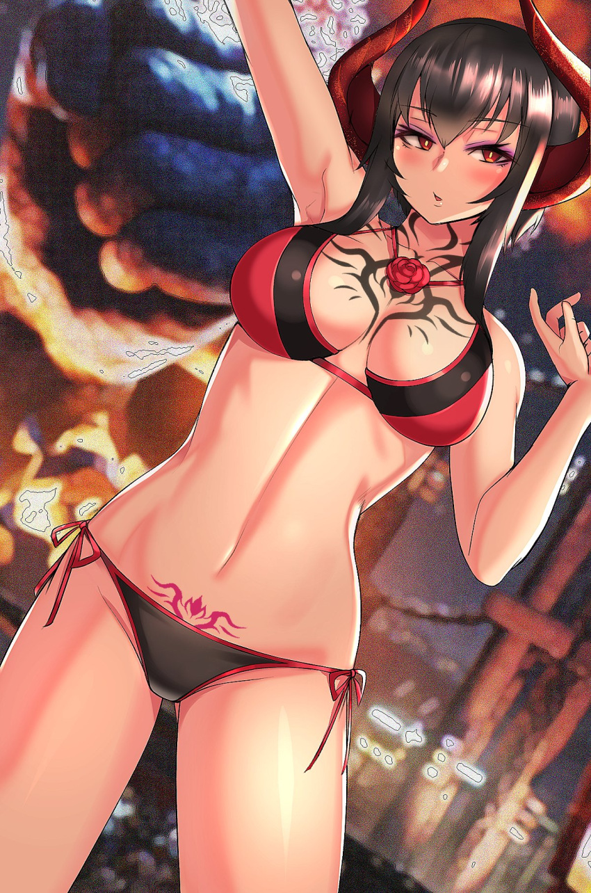 1girl alluring arm_up bangs big_breasts bikini black_bikini black_hair blurry blurry_background breasts chest_tattoo clyde_s commentary demon_girl demon_horns depth_of_field dutch_angle eliza_(tekken) english_commentary eyebrows_visible_through_hair eyeliner female_only half-closed_eyes high_res horns jewelry looking_at_viewer makeup mismatched_bikini namco navel necklace one_arm_up parted_lips pubic_tattoo red_bikini red_eyes red_horns short_hair_with_long_locks side-tie_bikini sidelocks silf solo_female standing swimsuit tattoo tekken tekken_7 womb_tattoo