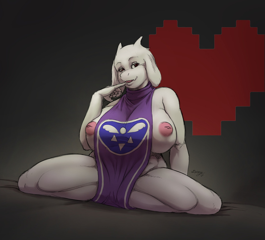 1girl 1girl anthro big_breasts boss_monster breasts caprine furry goat kneel looking_at_viewer mammal mature_female nipples sanny smile thick_thighs toriel undertale video_games voluptuous