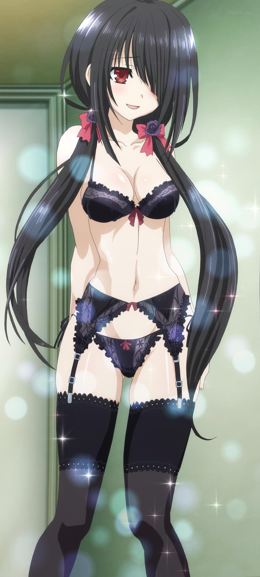 1girl black_hair bra breasts cute date_a_live hot lingerie long_hair red_eyes sexy smile tokisaki_kurumi underwear