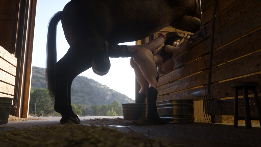 1girl 3d 3d_(artwork) areola barn beastiality before_sex big_breasts black_hair cowboy_hat curvaceous curvy erect_nipples final_fantasy_vii horse horse_cock horse_penis huge_breasts huge_penis human icedev indoors interspecies large_penis red_eyes taken_from_behind tifa_lockhart voluptuous zoophilia