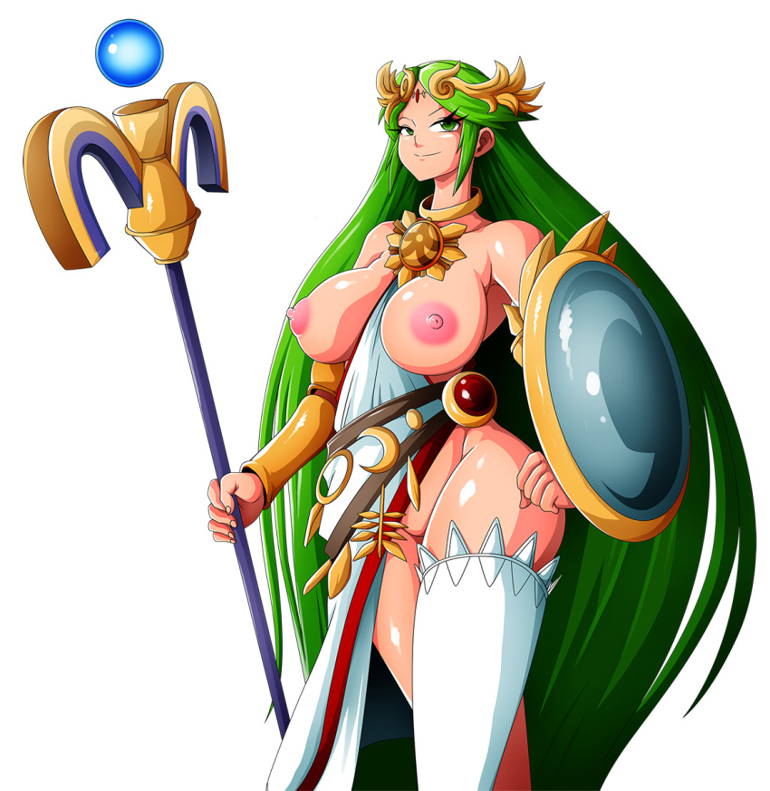 areolae beige_skin big_breasts breasts female green_eyes green_hair kid_icarus kid_icarus_uprising looking_at_viewer nintendo nipples palutena shield smile solo staff weapon witchking00