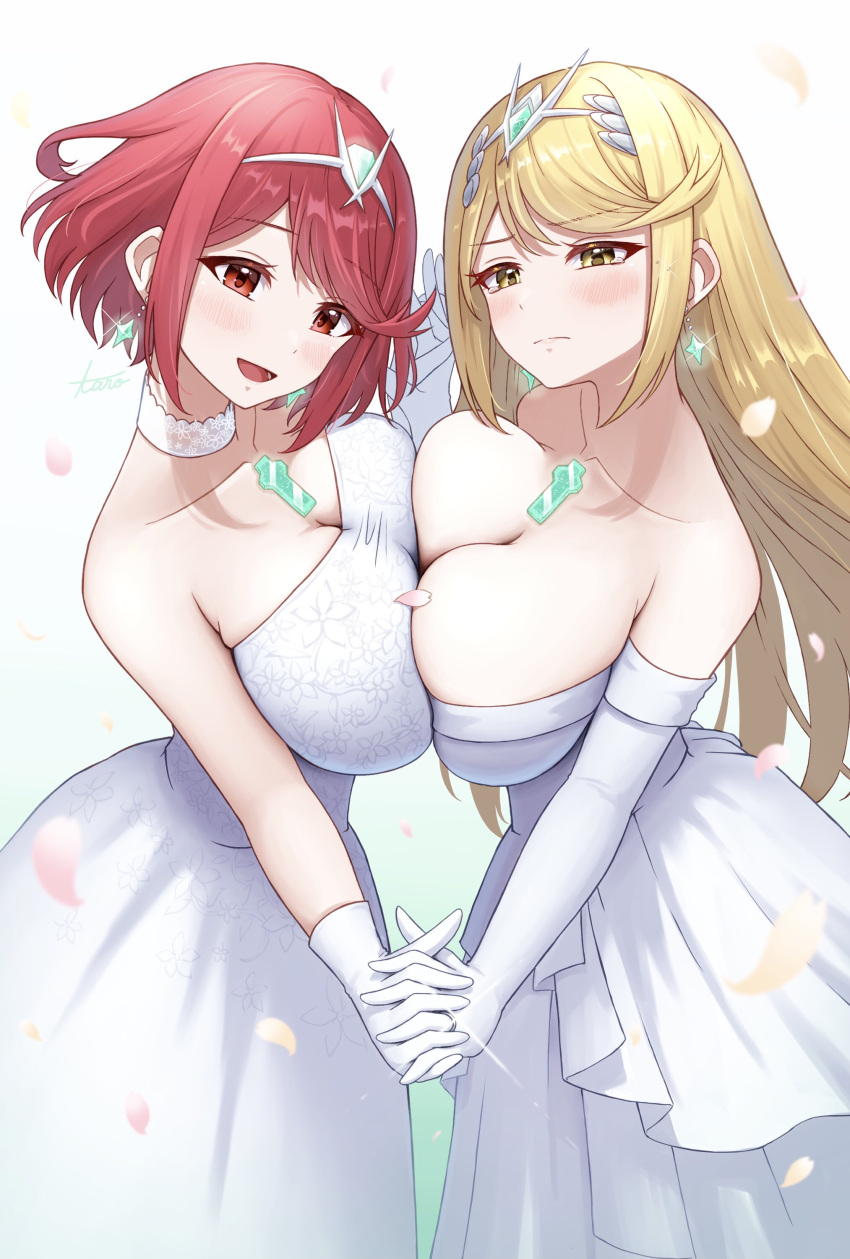 2_girls alluring alternate_costume big_breasts breasts female_only heroine heroines milf mythra nintendo out_of_context pyra taro_(peach_taro51) wedding_dress xenoblade_(series) xenoblade_chronicles_2