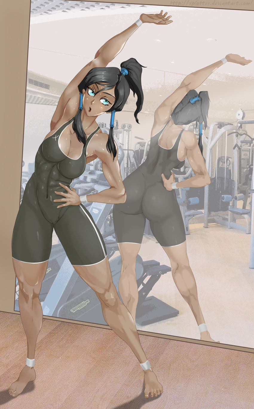 abs absurd_res absurdres ankleband arm_up ass avatar:_the_last_airbender barefoot black_hair blue_eyes breasts cleavage contemporary dark-skinned_female feet full_body gym hair_tubes hand_on_hip high_ponytail highres korra long_hair mirror mirror_image muscle sidelocks skin_tight solo stretch sweat the_legend_of_korra toes unitard wristband xplotter