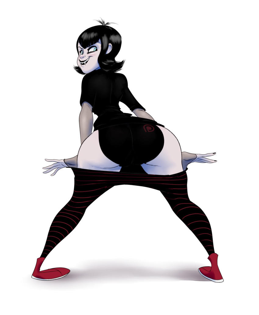 1_girl 1girl black_hair black_lips black_lipstick black_nails blue_eyes clothed clothed_female clothes clothing elbow_gloves fangs female female_only fingerless_gloves footwear hotel_transylvania lipstick looking_back makeup mavis_dracula nail_polish non-nude pale_skin panties pants pants_down shadow shirt shoes slb smirk solo tagme uncensored underwear vampire white_background