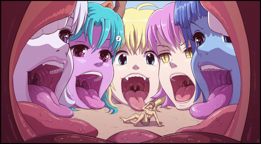 blue_skin funny giantess lol multiple_girls musical_note open_mouth pink_hair pink_skin tongue well_he's_screwed wtf yellow_eyes