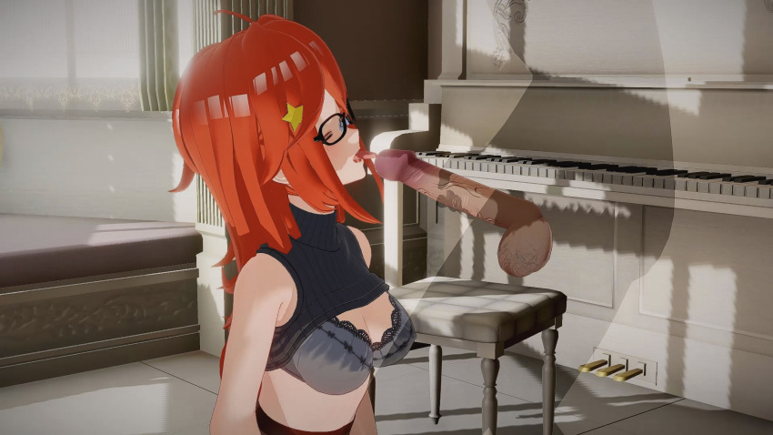 16:9 16:9_aspect_ratio 1girl anime bra breasts closed_eyes glasses hentai indoors licking licking_penis light-skinned_female light_skin long_hair nakano_itsuki open_mouth penis penis_grab penis_licking penis_tip piano red_hair redhead room star_hair_ornament testicle tongue tongue_out transparent_male veiny_penis