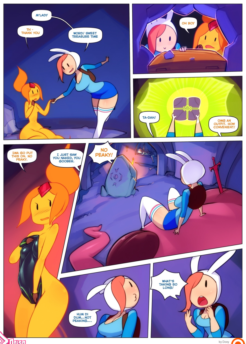 2girls adventure_time blush breasts comic covering doxy embarrassed fionna_the_human flame_princess hair inner_fire_(adventure_time) monster multiple_girls nude prismgirls red_hair sword weapon