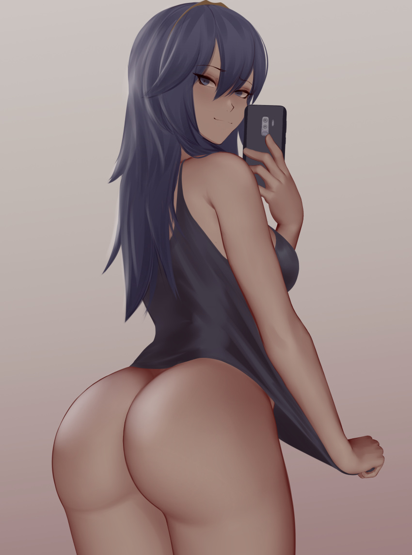 1girl alternate_version_available ass blue_eyes blue_hair fire_emblem high_resolution large_ass large_filesize looking_at_viewer looking_back lucina selfpic shirt_pull smartphone tiara very_high_resolution zaki_(zaki_btw)