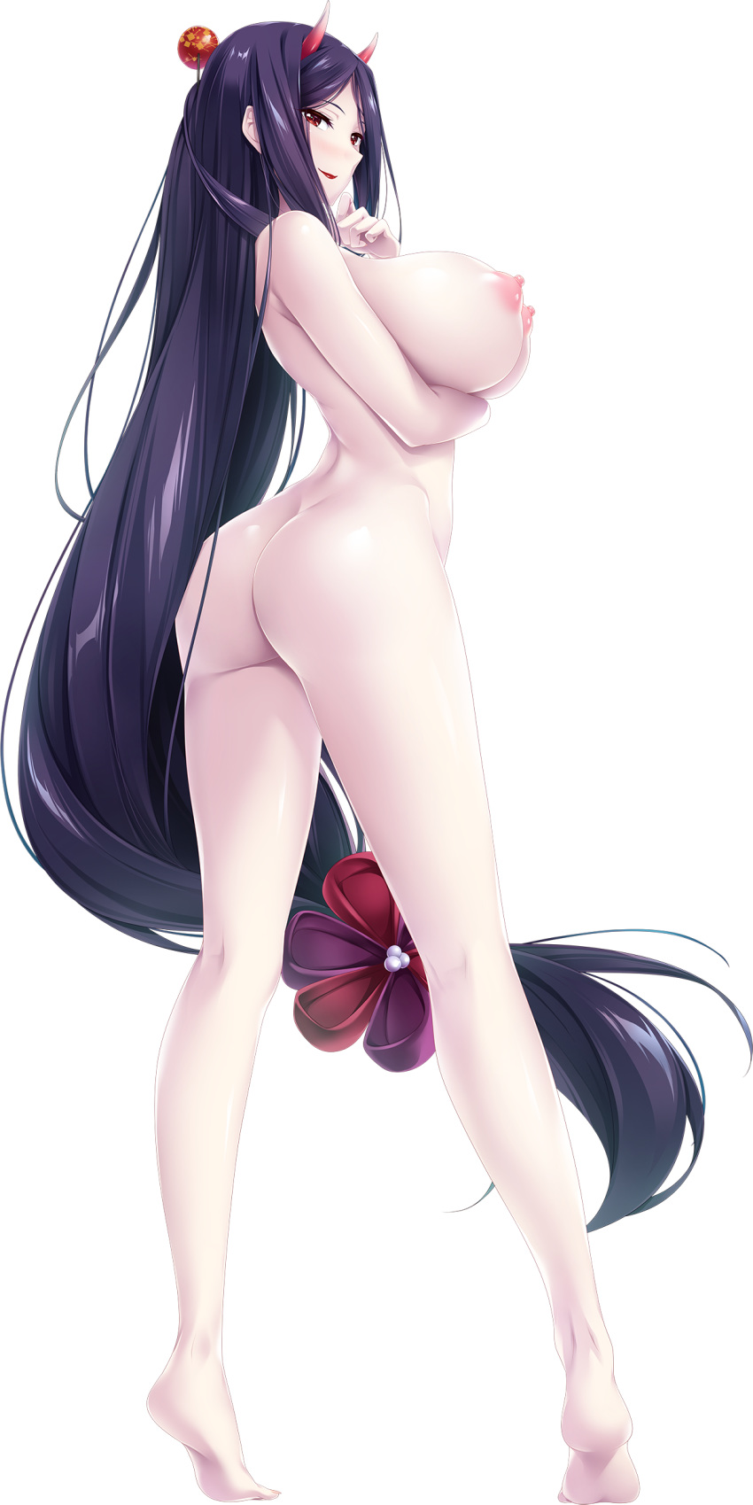 1girl 1girl 1girl ass barefoot black_hair breast_hold breasts choco_chip completely_nude feet full_body hair_ornament high_resolution horns huge_breasts kijou_yasha lipstick long_hair low-tied_long_hair makeup mama_x_holic nipples nude official_art pale_skin red_eyes red_lipstick shiny shiny_skin smile soles standing tied_hair transparent_background very_high_resolution very_long_hair