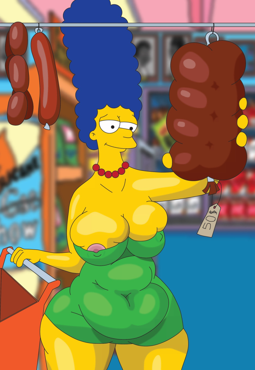 bbw big_breasts blue_hair green_dress marge_simpson the_simpsons