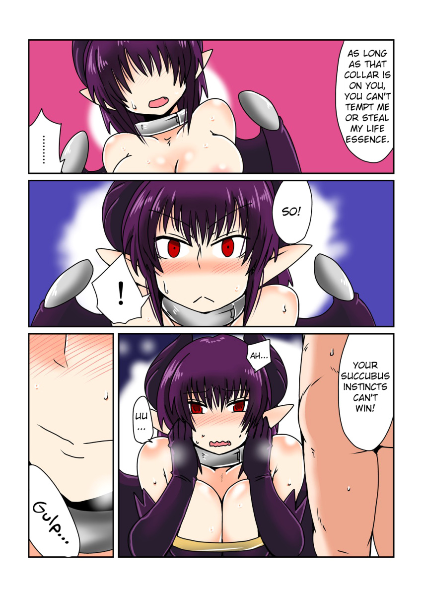 ! areolae ass bent_over big_breasts blush breasts comic demon_girl eyebrows single_areola sucking sweat wavy_mouth wings