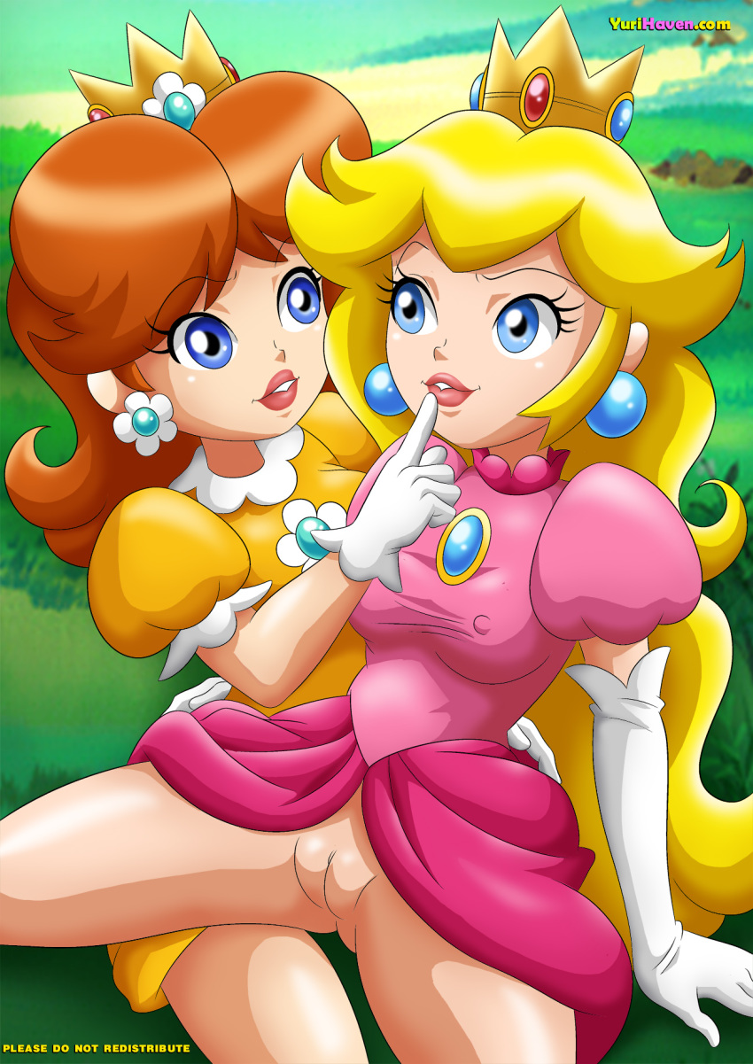 2girls bbmbbf blue_eyes clothed crown earrings female female_only gloves human multiple_females nintendo no_panties palcomix princess_daisy princess_peach pussy super_mario_bros. tagme yuri yuri_haven