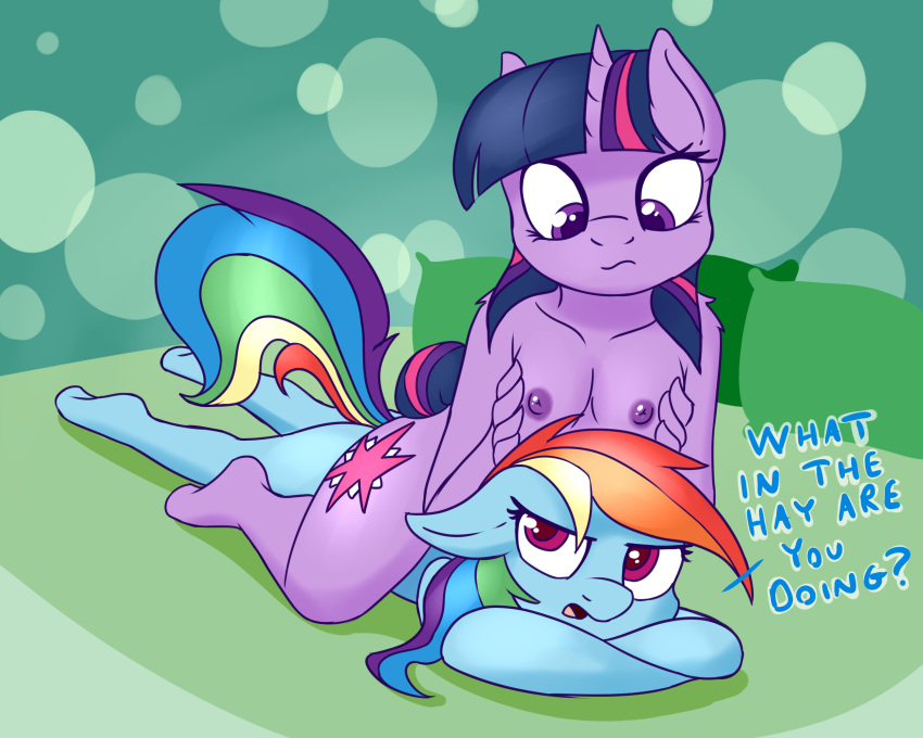 1girl 2015 anthro boob_hat breasts cutie_mark dialogue english_text equine erect_nipples fearingfun friendship_is_magic furry hair horn lying mammal multicolored_hair my_little_pony nipples on_front pegasus rainbow_dash rainbow_hair text twilight_sparkle unicorn wings
