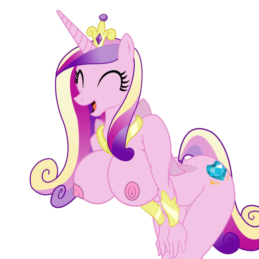 1girl alicorn ass bent_over big_breasts breasts closed_eyes crown cute cutie_mark equine erect_nipples friendship_is_magic hair horn horse multicolored_hair my_little_pony nipples nude open_mouth pony princess_cadance simple_background smile solo standing tongue transparent_background winged_unicorn wings
