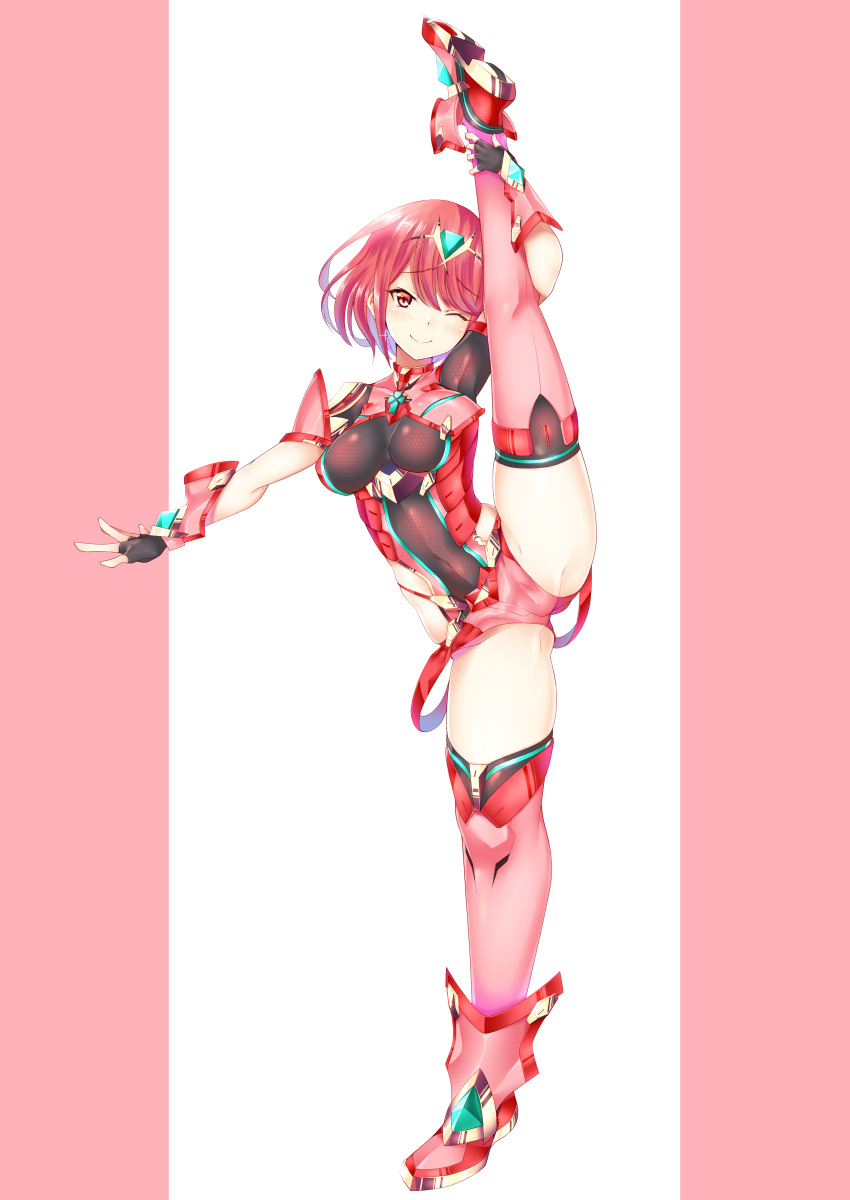 1girl absurd_res alluring breasts daive full_body high_res insanely_hot leg_lift looking_at_viewer medium_breasts one_eye_closed pyra pyra_(xenoblade) red_eyes red_hair short_hair shorts skindentation smile split standing standing_on_one_leg standing_split stockings xenoblade_(series) xenoblade_chronicles_(series) xenoblade_chronicles_2